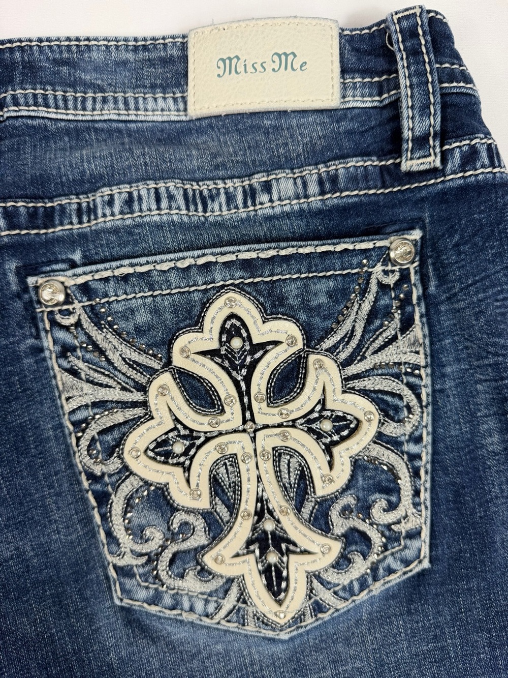 Miss Me Blue Denim Bootcut Jeans with Embellished Cross Pocket - Size 36